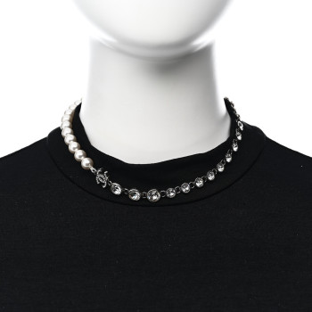 CHANEL Pearl Crystal CC Choker Necklace Silver