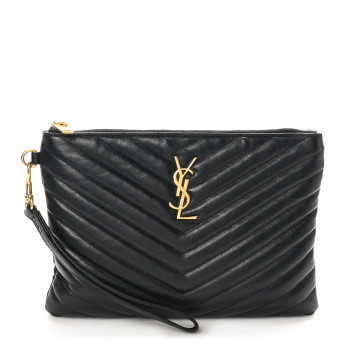 SAINT LAURENT Calfskin Matelasse Chevron Monogram A5 Wristlet Black
