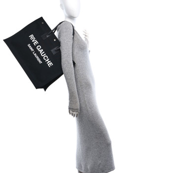 SAINT LAURENT Linen Calfskin Rive Gauche Tote Black