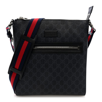 GUCCI GG Supreme Monogram Appia Calfskin Web Flat Messenger Bag Black Grey