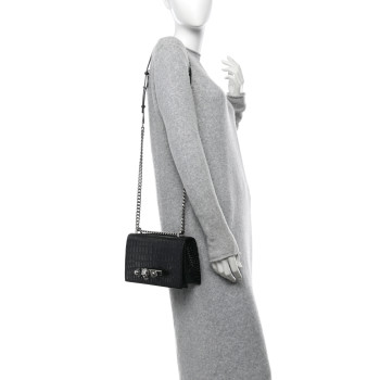 ALEXANDER MCQUEEN Shiny Calfskin Crocodile Embossed Knuckle Jeweled Crossbody Black