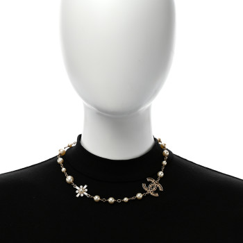 CHANEL Crystal Baguette Pearl CC Cross Short Necklace Gold