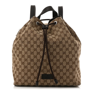 GUCCI Monogram Dollar Calfskin O Drawstring Backpack Beige Ebony Testa di Moro Dark Chocolate