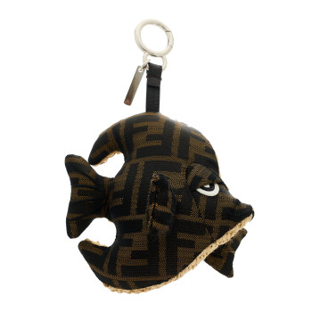 FENDI Raffia Nylon FF Fish Bag Charm Brown