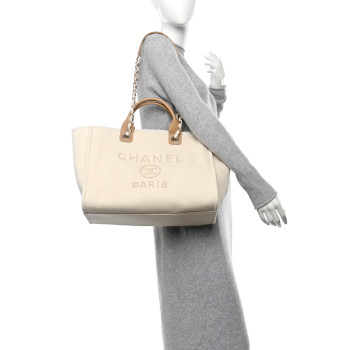 CHANEL Canvas Pearl Medium Deauville Tote Ecru Beige