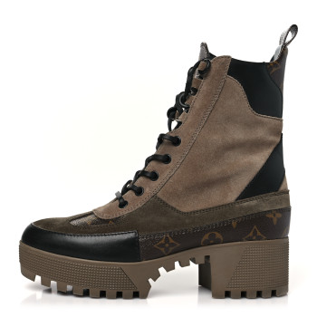 LOUIS VUITTON Suede Calfskin Monogram Laureate Platform Desert Boots 38 Taupe