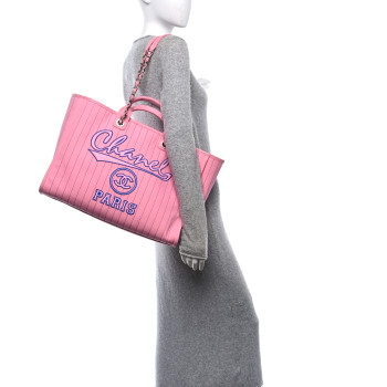 CHANEL Canvas Calfskin Striped Large Deauville Tote Pink Blue