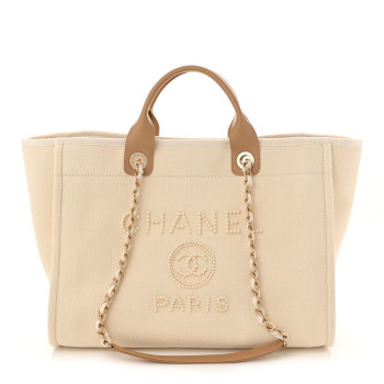 CHANEL Canvas Pearl Medium Deauville Tote Ecru Beige