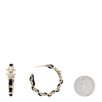 CHANEL Metal Lambskin Quilted CC Turnlock Chain Hoop Earrings Gold Black