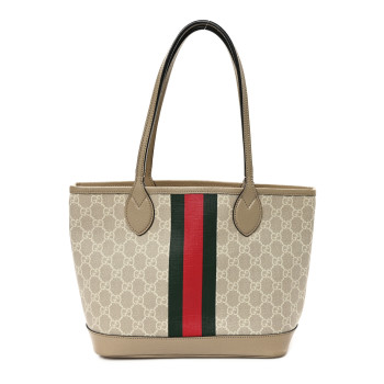 GUCCI GG Supreme Monogram Textured Dollar Calfskin Web Small Ophidia Tote Beige Mystic White Oatmeal