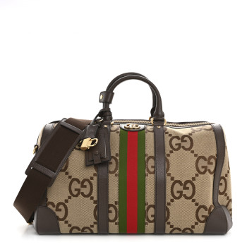 GUCCI Monogram Jumbo GG Textured Dollar Calfskin Web Medium Duffle Bag Camel Ebony