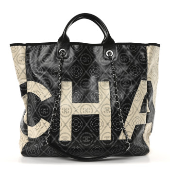 CHANEL Coated Canvas Camellia Medium Shopping Tote Black Beige