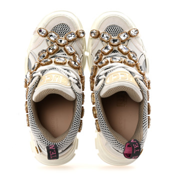 GUCCI X SEGA Mesh Calfskin Suede Removable Crystals Womens Flashtrek Sneakers 38 Great White