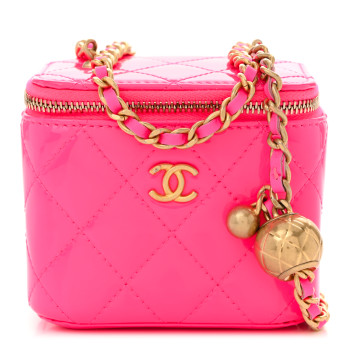 CHANEL Patent Quilted Pearl Crush Mini Vanity Case With Chain Neon Pink