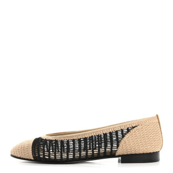 CHANEL Raffia Cap Toe Ballerina Flats 38.5 Black Beige