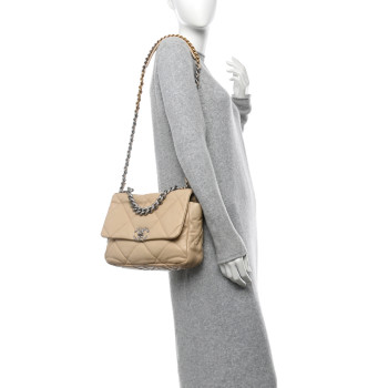 CHANEL Goatskin Quilted Large Chanel 19 Flap Light Beige