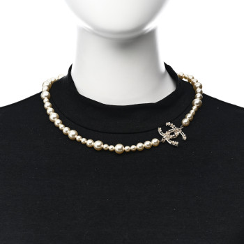 CHANEL Pearl Crystal CC Camellia Short Necklace Gold