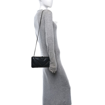 CHANEL Lambskin Chevron Quilted Chain Around Clutch Black