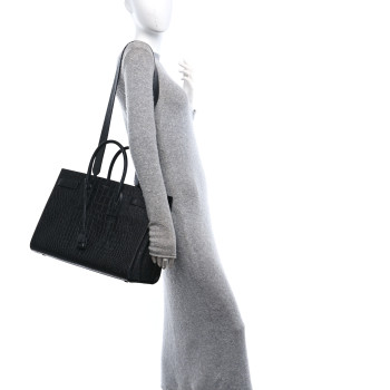 SAINT LAURENT Calfskin Crocodile Embossed Large Sac De Jour Carryall Black