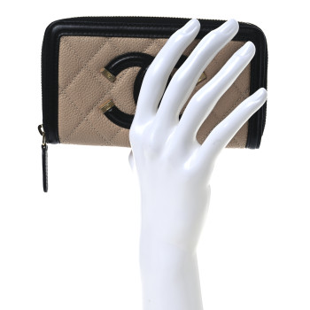 CHANEL Caviar Quilted Small Filigree Zip Around Wallet Beige Black