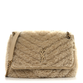 SAINT LAURENT Calfskin Shearling Monogram Medium Niki Chain Satchel Natural Beige
