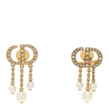 CHRISTIAN DIOR Pearl Crystal Tribal CD Drop Earrings Gold