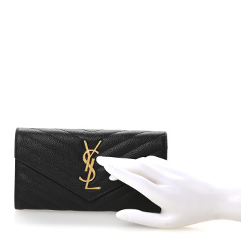 SAINT LAURENT Grain De Poudre Matelasse Chevron Monogram Flap Wallet Black