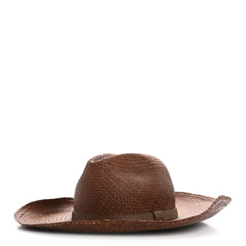 GUCCI Straw Calfskin Wide Brim Hat M Brown