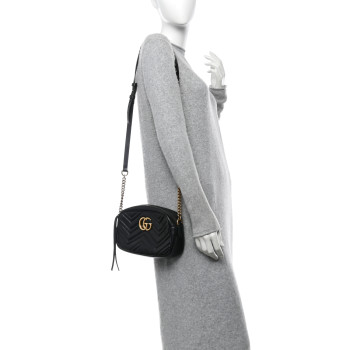 GUCCI Calfskin Matelasse Small GG Marmont Chain Shoulder Bag Black