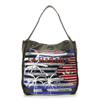 CHANEL Canvas Sequins Cubano Trip Hobo Khaki