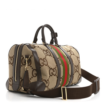 GUCCI Monogram Jumbo GG Textured Dollar Calfskin Web Medium Duffle Bag Camel Ebony