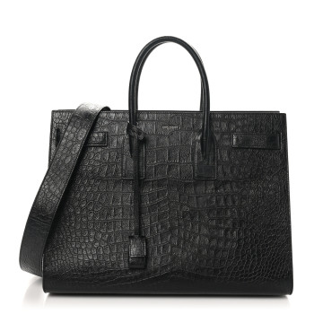 SAINT LAURENT Calfskin Crocodile Embossed Large Sac De Jour Carryall Black