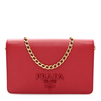 PRADA Saffiano Lux Monochrome Chain Wallet Fuoco