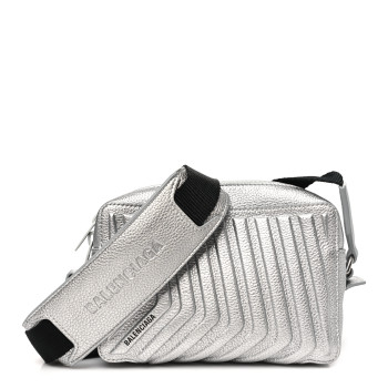 BALENCIAGA Metallic Grained Calfskin Embossed Car Camera Bag Silver