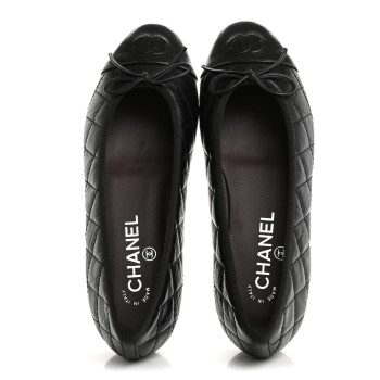 CHANEL Aged Calfskin Quilted CC Cap Toe Ballerina Flats 37.5 Black