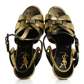SAINT LAURENT Metallic Crackled Calfskin Tribute 105 Platform Sandals 36 Black Gold