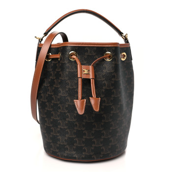 CELINE Triomphe Canvas Calfskin Clara Drawstring Bucket Bag Tan