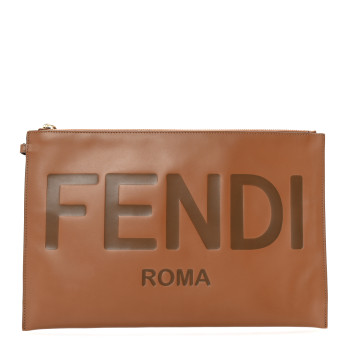 FENDI Vitello King Logo Embossed Large Flat Pouch Cuoio