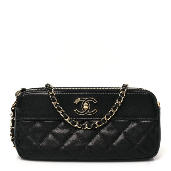 CHANEL Metallic Sheepskin Chevron Quilted Small Vintage Mademoiselle Clutch With Chain Black