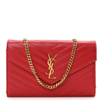 SAINT LAURENT Grain De Poudre Matelasse Chevron Monogram Chain Wallet Red