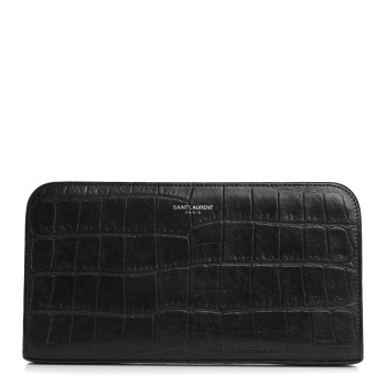 SAINT LAURENT Calfskin Crocodile Embossed Zip Around Travel Wallet Black