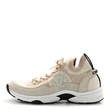 CHANEL Knit Fabric Suede Calfskin Womens CC Sneakers 37 Ivory
