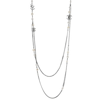 CHANEL Pearl Crystal CC Leaf Long Necklace Silver