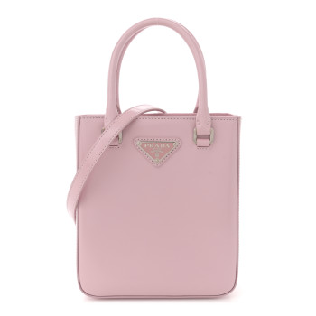PRADA Spazzolato Metal Triangle Logo Small Double Handle Crossbody Tote Alabastro