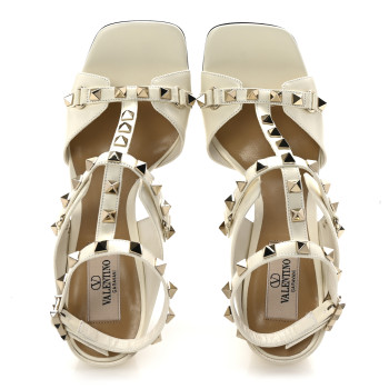 VALENTINO GARAVANI Calfskin Rockstud 60mm Sandals 36.5 Light Ivory