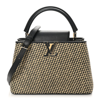 LOUIS VUITTON Raffia Calfskin Capucines MM Black Ecru