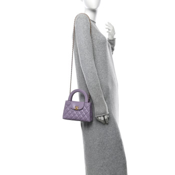 CHANEL Shiny Aged Calfskin Quilted Nano Kelly Shopper Lilac