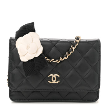 CHANEL Lambskin Quilted Mini Camellia Bow Wallet On Chain WOC Black