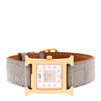 HERMES Stainless Steel Alligator Diamond Mother of Pearl 21mm Heure H Hour Quartz Watch Gris Perle