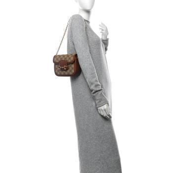 GUCCI New Canvas Charisma Calfskin Crystal GG Monogram Mini Horsebit 1955 Shoulder Bag Camel Ebony